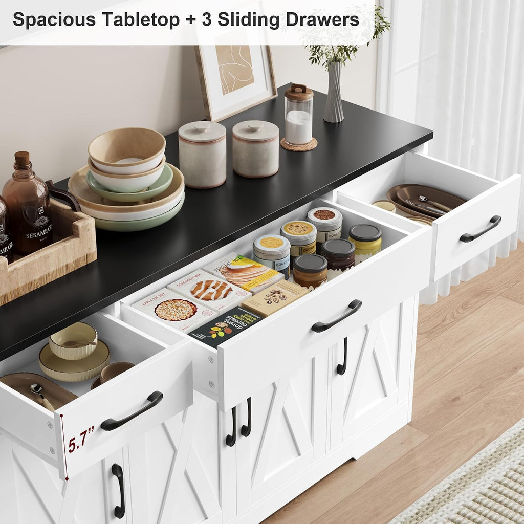 HOSTACK Buffet Sideboard Cabinet with Drawers, 55' Large Buffet Storage Cabinet with Shelves and Doors, Modern Farmhouse Coffee Bar Station Wood Kitchen Table for Kitchen, Dining Room, White/Black