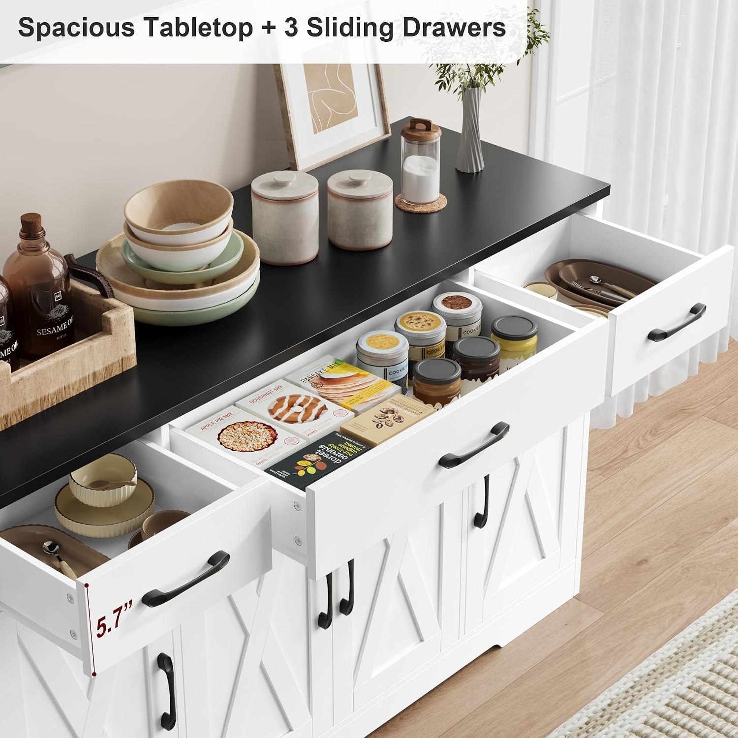 HOSTACK Buffet Sideboard Cabinet with Drawers, 55' Large Buffet Storage Cabinet with Shelves and Doors, Modern Farmhouse Coffee Bar Station Wood Kitchen Table for Kitchen, Dining Room, White/Black