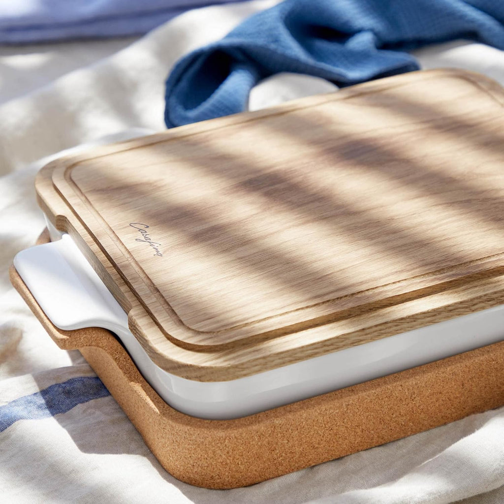 Casafina Ceramic 16' x 10.25' Rectangular Baker with Cork Tray - Ensemble Collection, White | Oven & Dishwasher Safe Bakeware | Food Safe Glazing | Restaurant Quality Dinnerware
