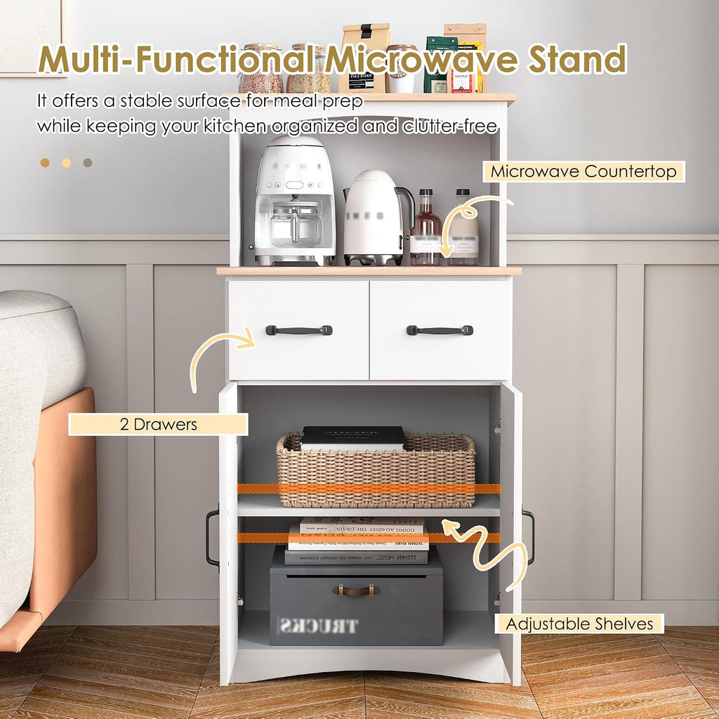 49' Kitchen Pantry Cabinet with Storage, Microwave Stand with 2 Drawers, Buffet Cabinet with Adjustable Shelf, Kitchen Hutch Storage Cabinet with Microwave Countertop for Dinning Room, White