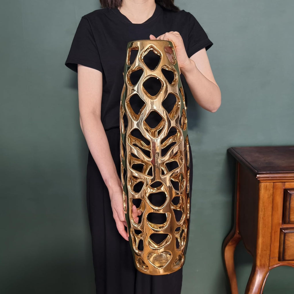 Ceramic Vase Large Floor Vase Handmade Ceramic Flower Holder Hand Carved Sophisticated Vessel for Decorative Branches and Dried Flowers 24 Inches Gold