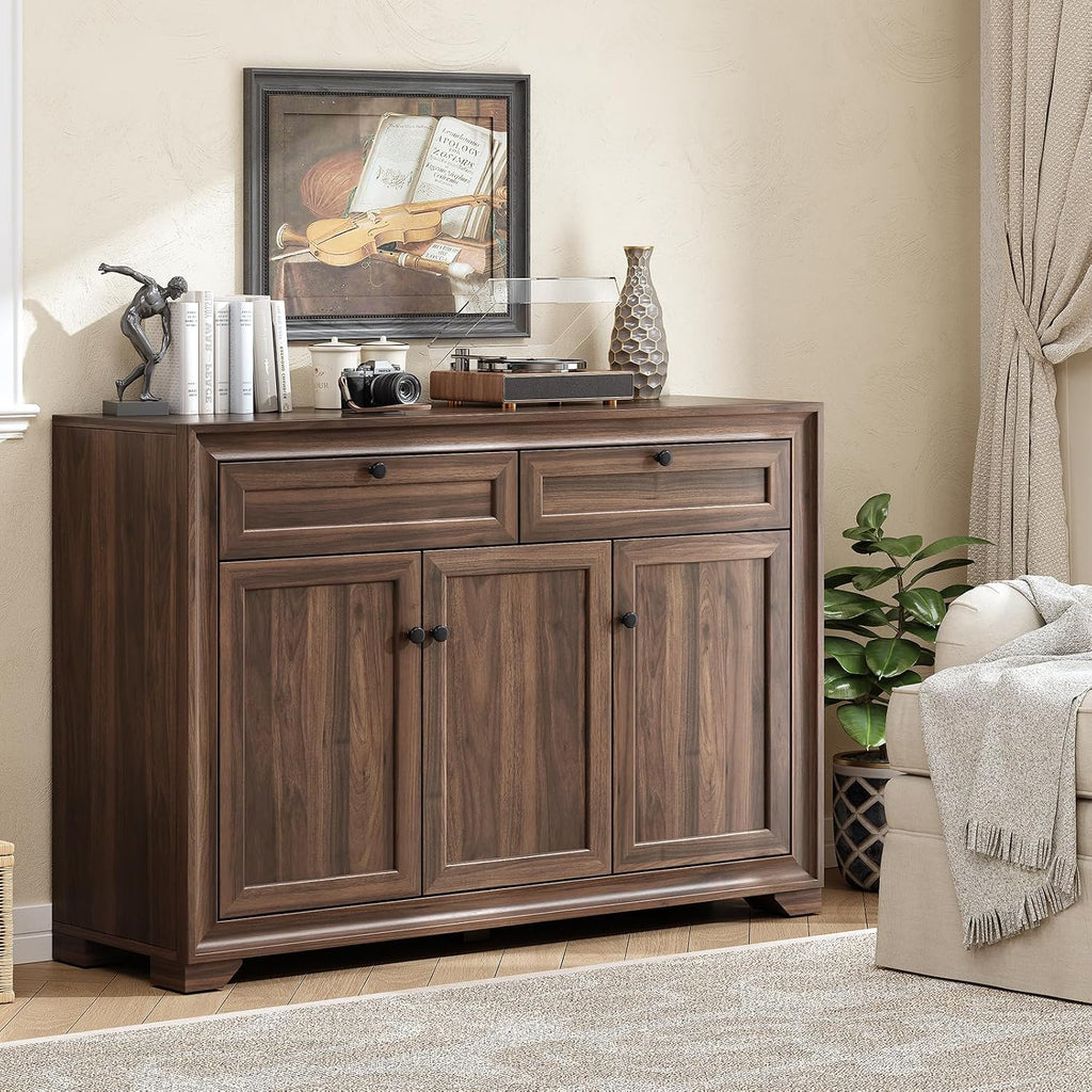 ONBRILL 48 Inches Sideboard Buffet Cabinet with Storage, Farmhouse Sideboard with 2 Drawers and 3 Doors, Wood Coffee Bar Cabinet with Adjustable Shelves for Living Room, Kitchen, Hallway, Brown