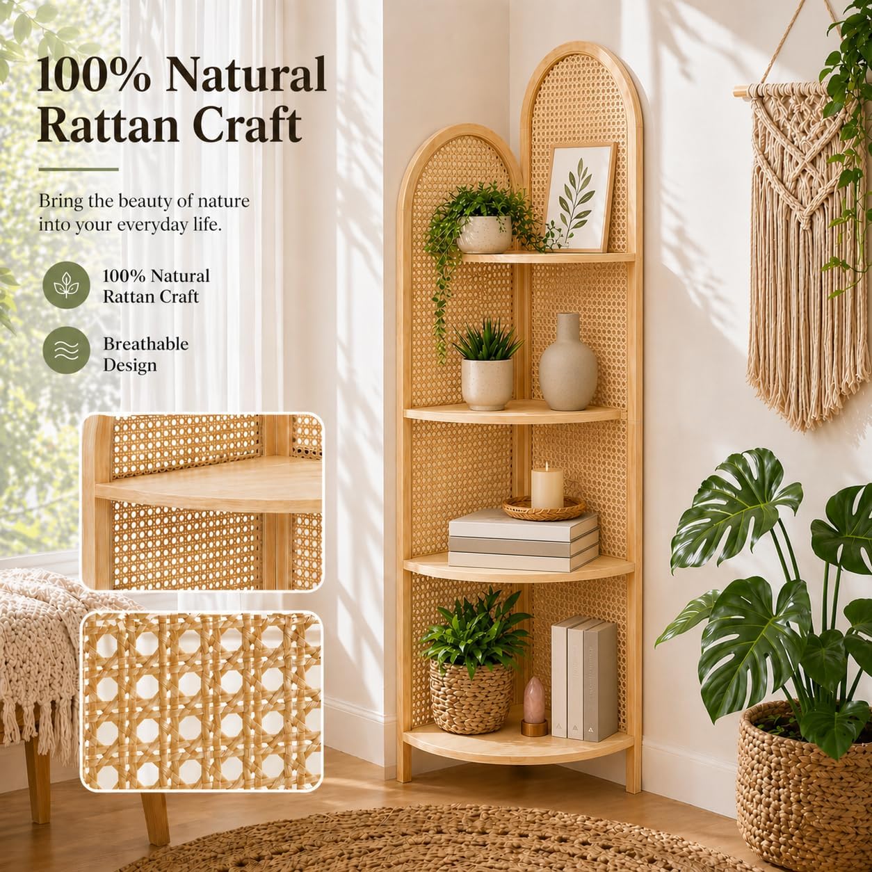 70' Tall Corner Bookshelf, 4-Tier Rattan Corner Shelf Stand for Small Spaces - Solid Wood Frame Display Organizer Rack, 90° Flush Wall Fit, Natural