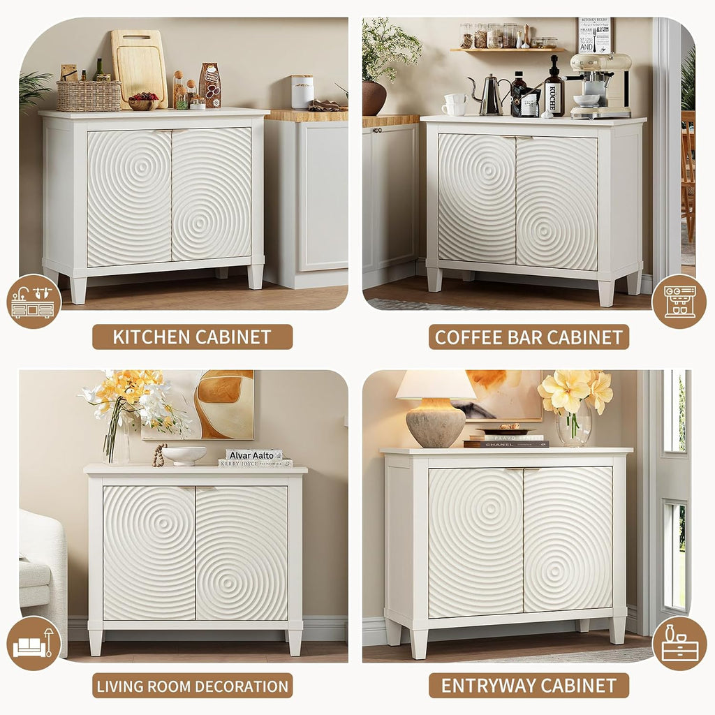 40' Coffee Bar Cabinet with Shelf, Craft Storage Cabinet with Doors, Wood Cabinet, Charming Carved Motif, Entry Way Cabinet with Storage, Sideboard Buffet for Living Room (Annual rings, White)