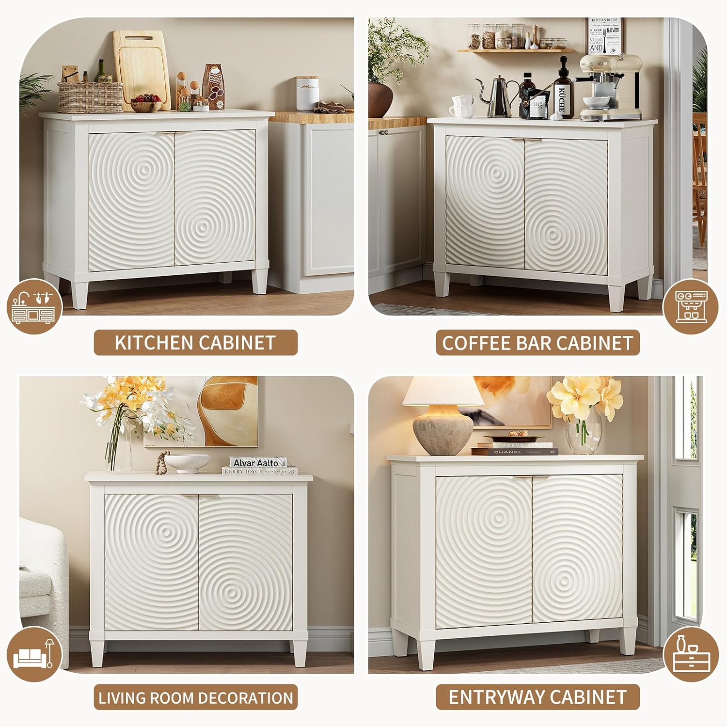 40' Coffee Bar Cabinet with Shelf, Craft Storage Cabinet with Doors, Wood Cabinet, Charming Carved Motif, Entry Way Cabinet with Storage, Sideboard Buffet for Living Room (Annual rings, White)