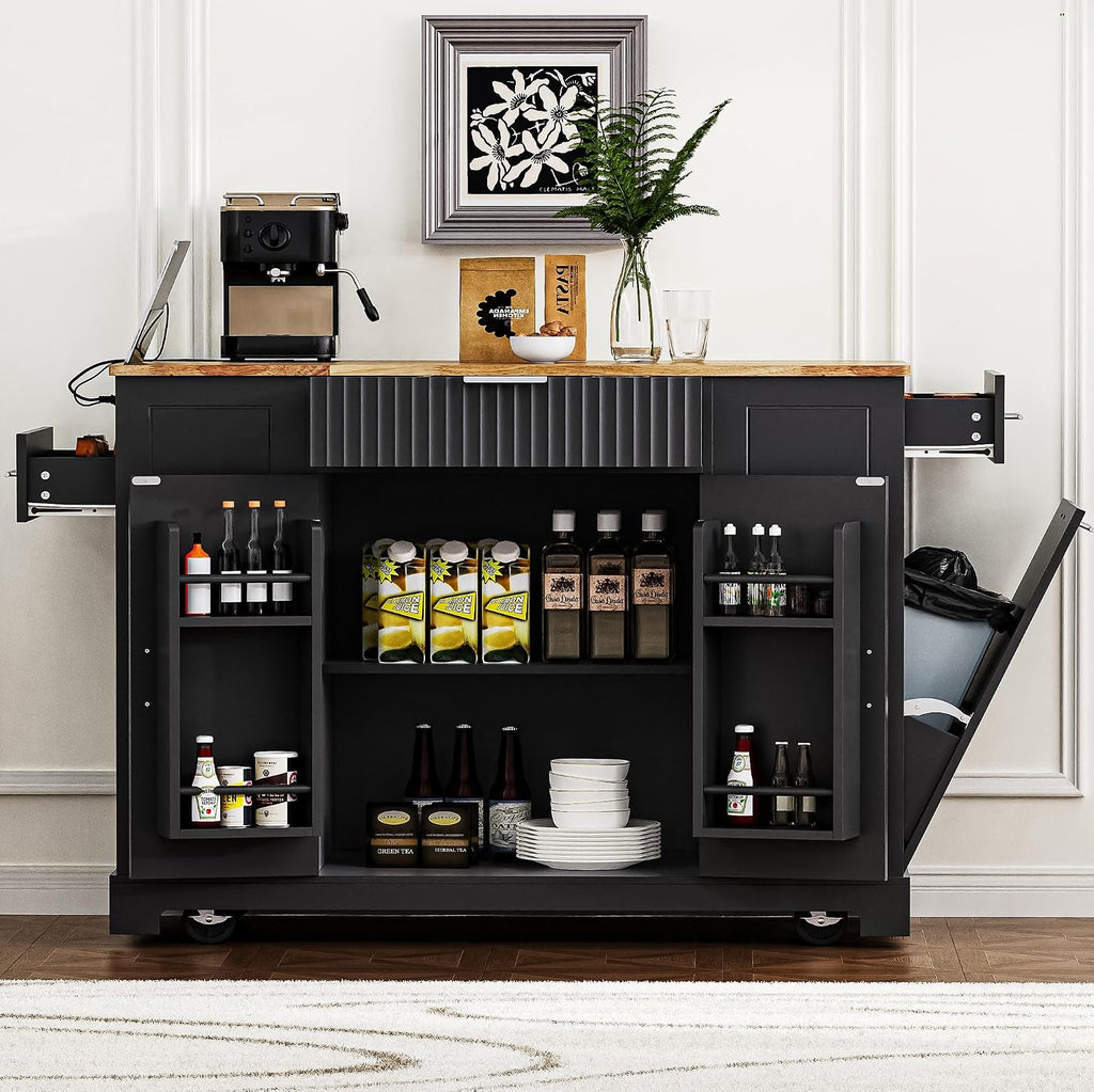 Fluted Rolling Kitchen Island Cart on 5 Wheels with Trash Can Storage Cabinet, Power Outlet, 3 Drawer, 3 Open Side Racks, 10 Gallon Garbage Bin for Kitchen, Dining Room, Black