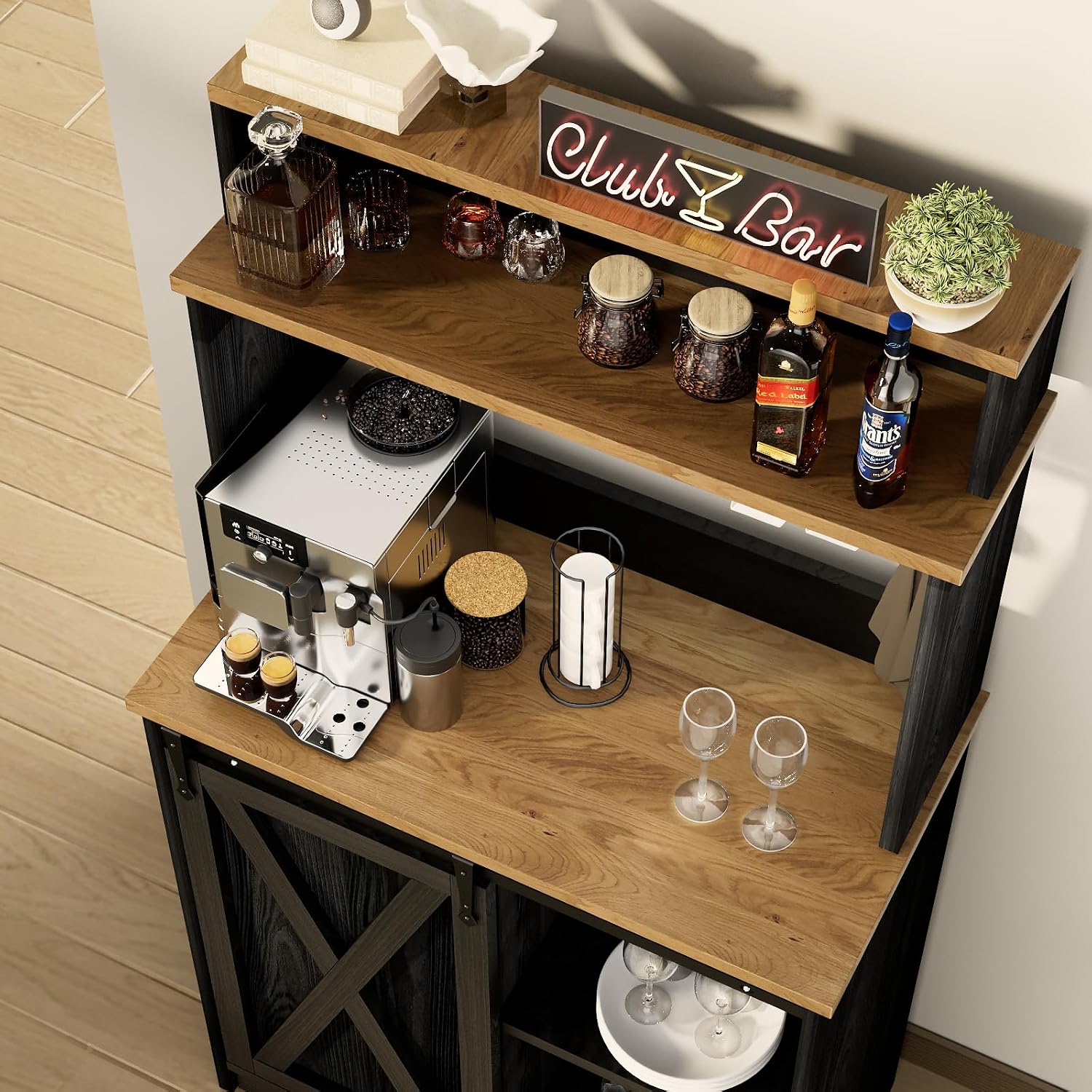BestHaped Farmhouse Coffee Bar with 3 Tier Storage Hutch, 56 Inch Small Bar Station with 6 Hooks, Corner Table with Adjustable Shelves for Living Dining Room Black