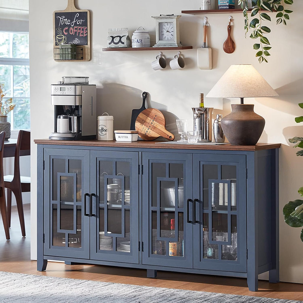 Joaxswe Large Sideboard Buffet Cabinet with Storage, 63' Farmhouse Navy Blue Kitchen Coffee Wine Bar Cabinet with 4 Glass Doors, Mid Century Modern Wood Side Board Table for Dining Room, Living Room