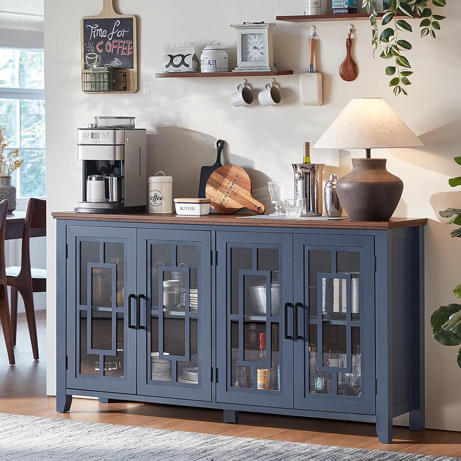 Joaxswe Large Sideboard Buffet Cabinet with Storage, 63' Farmhouse Navy Blue Kitchen Coffee Wine Bar Cabinet with 4 Glass Doors, Mid Century Modern Wood Side Board Table for Dining Room, Living Room