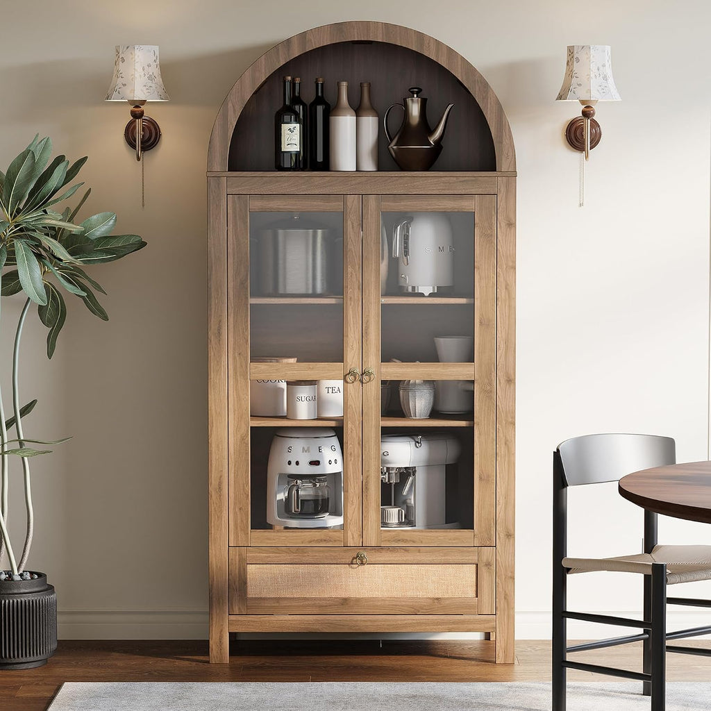 71' Tall Arched Kitchen Pantry Cabinet, Modern Farmhouse Hutch Storage Cabinets with Large Drawer and Glass Doors for Kitchen, Dining Room, Living Room, Natural