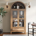 71' Tall Arched Kitchen Pantry Cabinet, Modern Farmhouse Hutch Storage Cabinets with Large Drawer and Glass Doors for Kitchen, Dining Room, Living Room, Natural