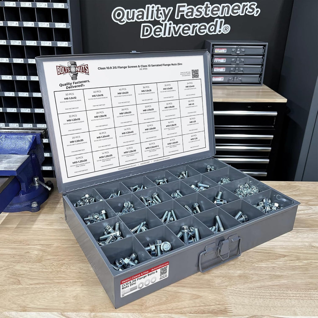 Metric Class 10.9 JIS Hex Cap Flange Frame Bolts & Serrated Flange Nuts Assortment Kit - Pieces!