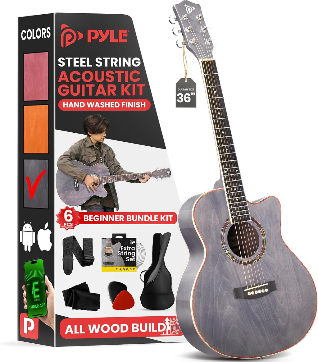 Pyle Acoustic Guitar Kit, 3/4 Junior Size All Wood Steel String Instrument for Beginner Kids, Adults, 36' Matte Gray