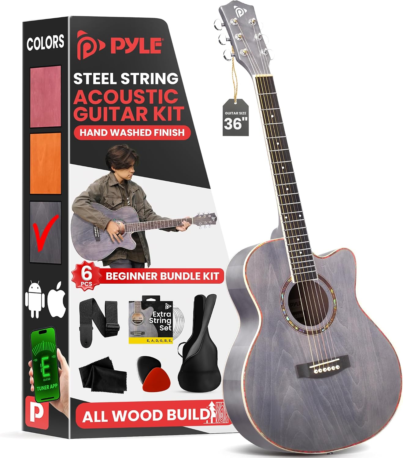 Pyle Acoustic Guitar Kit, 3/4 Junior Size All Wood Steel String Instrument for Beginner Kids, Adults, 36' Matte Gray