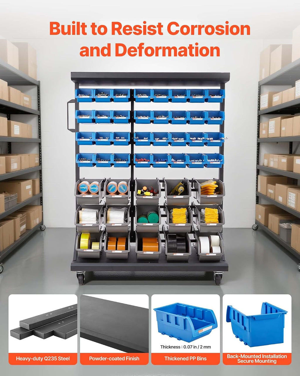 VEVOR 7-Tier Double-Sided Rolling Bin Storage Rack, 94 Plastic Bins, Dual-Sided Parts Organizer with Wheels, Mobile Tool Organizer for Garage, Warehouse, Office, Restaurant, Classroom, Kitchen