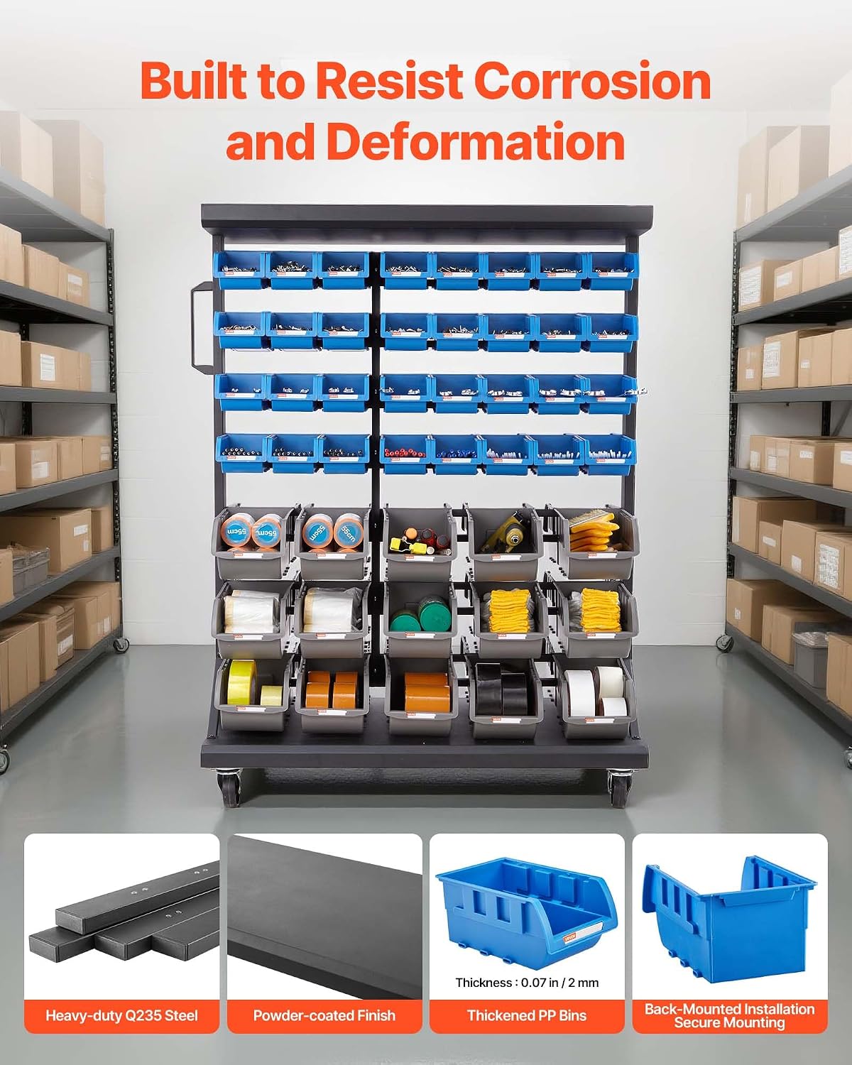VEVOR 7-Tier Double-Sided Rolling Bin Storage Rack, 94 Plastic Bins, Dual-Sided Parts Organizer with Wheels, Mobile Tool Organizer for Garage, Warehouse, Office, Restaurant, Classroom, Kitchen
