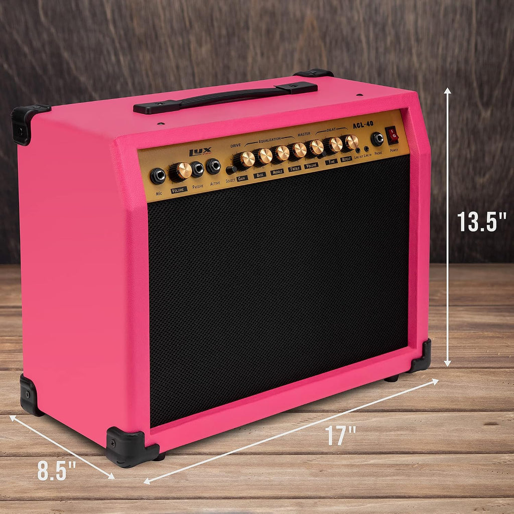 LyxPro 40 Watt Electric Guitar Amplifier | Combo Solid State Studio Amp with 8' 4-Ohm Speaker, Custom EQ Controls, Drive, Delay, ¼' Passive/Active/Microphone Inputs, Aux In & Headphone Jack - Pink