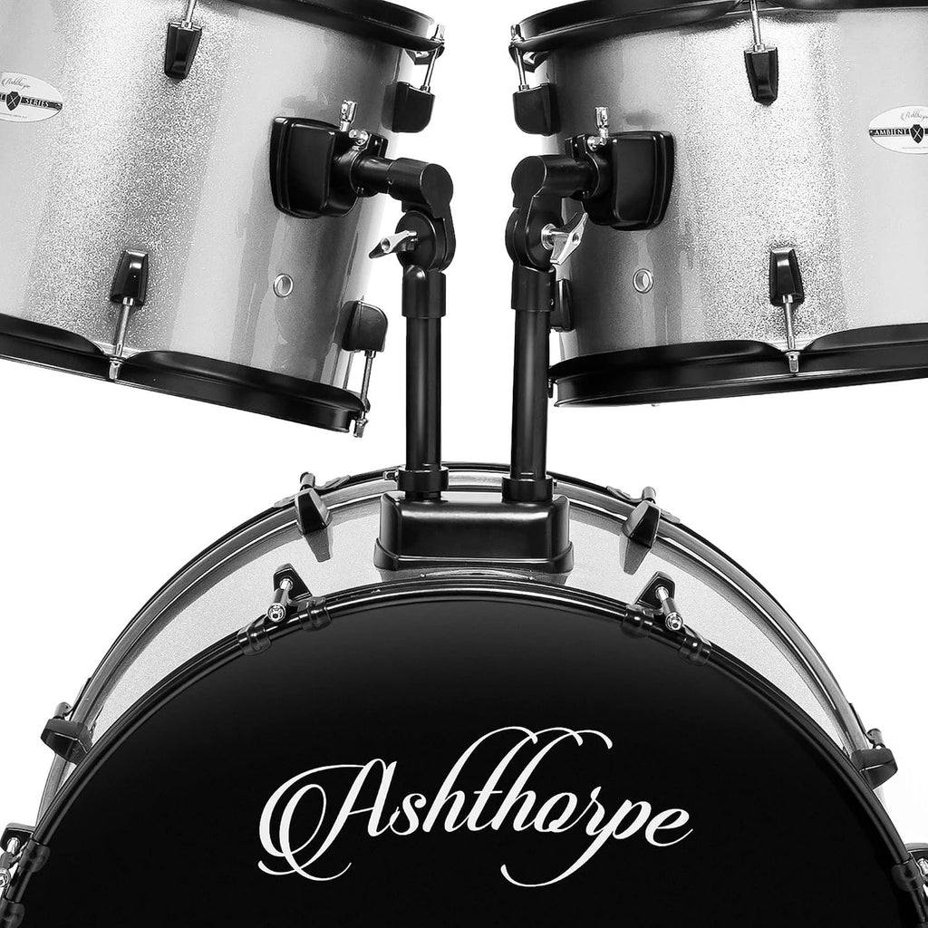 Ashthorpe 5-Piece Complete Full Size Adult Drum Set with Remo Batter Heads - Silver