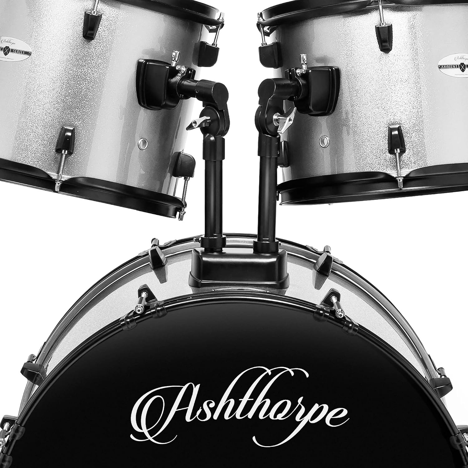 Ashthorpe 5-Piece Complete Full Size Adult Drum Set with Remo Batter Heads - Silver
