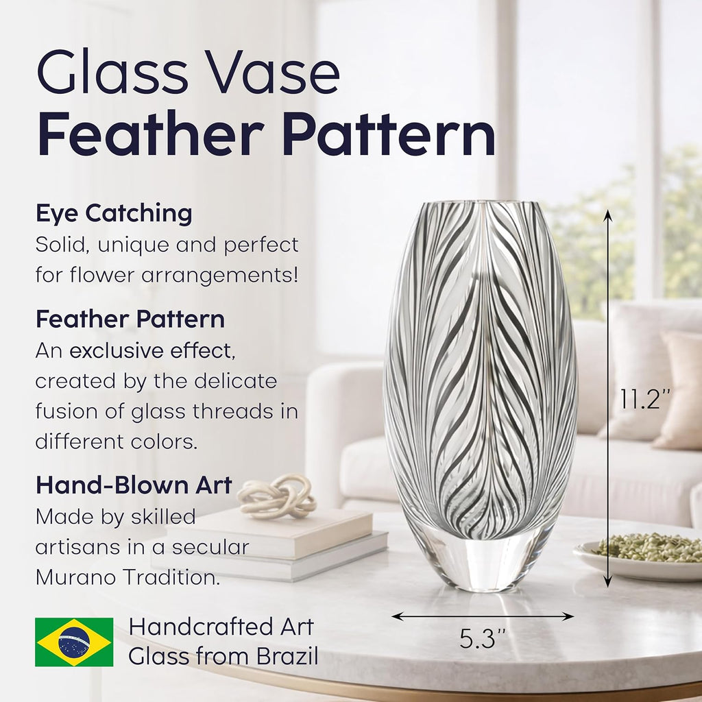 Ca D Oro Murano Style Glass Vase Black and White Feather Pattern Hand Blown Art Glass for Flower, Room Decoration and Centerpiece - Model 54 MS