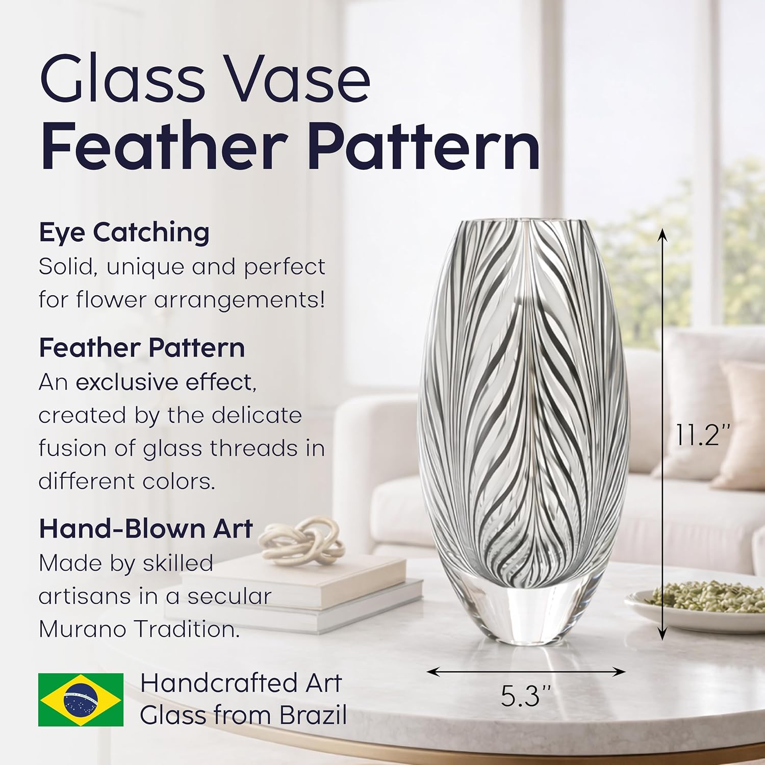 Ca D Oro Murano Style Glass Vase Black and White Feather Pattern Hand Blown Art Glass for Flower, Room Decoration and Centerpiece - Model 54 MS