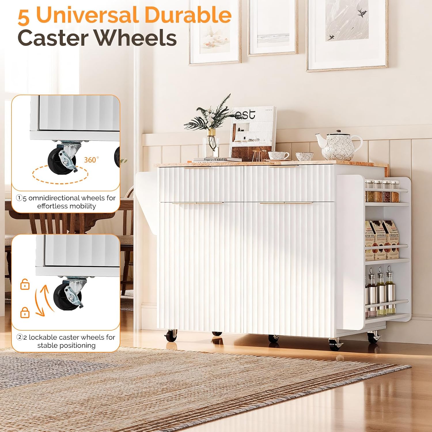 VINGLI Fluted Kitchen Island with Storage, Rolling Kitchen Cart on Wheels with 2 Drawers & 4 Doors, Adjustable Shelves, Portable Kitchen Island with Rubber Wood Top, White