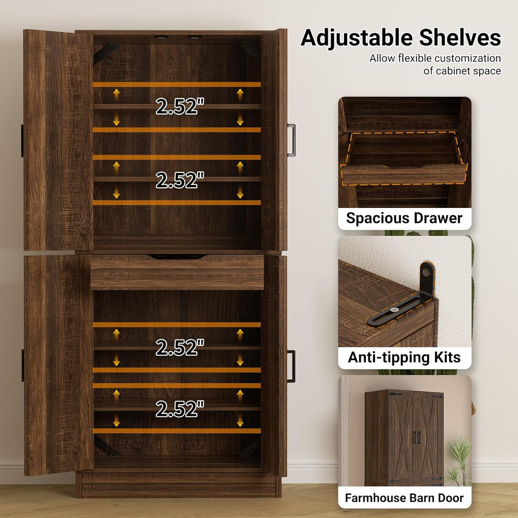 Unikito 71' Tall Kitchen Pantry Cabinet with Farmhouse Barn Doors and Storage Drawer, 8 Adjustable Shelves, Freestanding Cupboard for Dining Room, Living Room, Utility Room, Weathered Brown 2 Pack