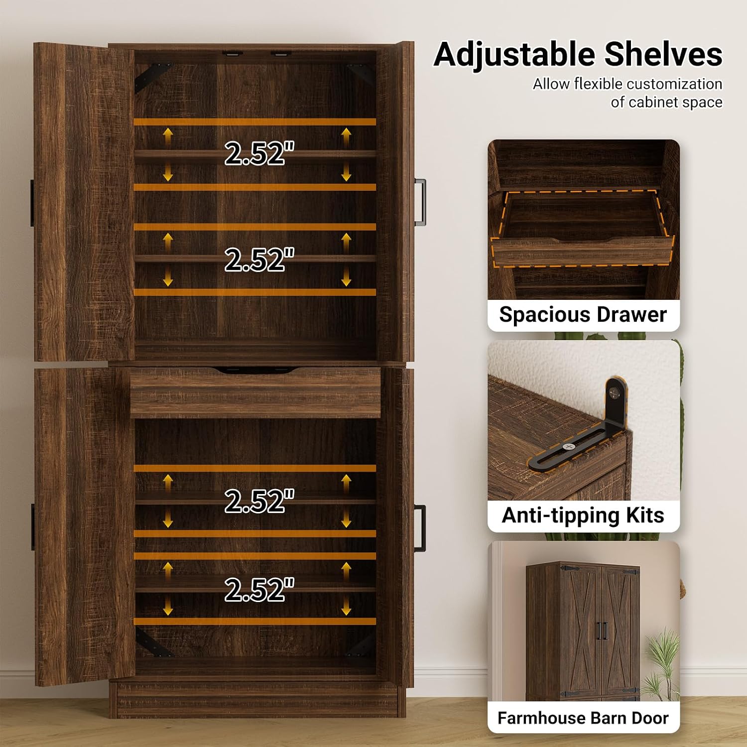 Unikito 71' Tall Kitchen Pantry Cabinet with Farmhouse Barn Doors and Storage Drawer, 8 Adjustable Shelves, Freestanding Cupboard for Dining Room, Living Room, Utility Room, Weathered Brown 2 Pack