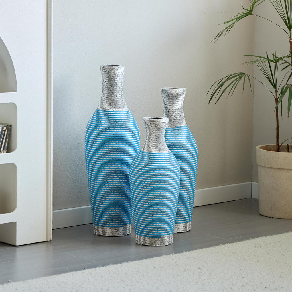 Floor PVC Decorated Vases Set of 3 for Gorgeous Home Decoration Large Classic Neat PVC Vases 20.4in/24.4in/28.3in Height (White+Blue)