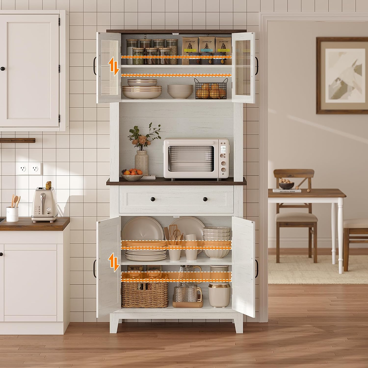 GarveeHome 72' Kitchen Pantry Storage Cabinet, Kitchen Hutch Cabinet with Storage, Microwave Stand with Drawers & Glass Doors, Pantry cabinets for Kitchen, Dining Room, Living Room, Light White