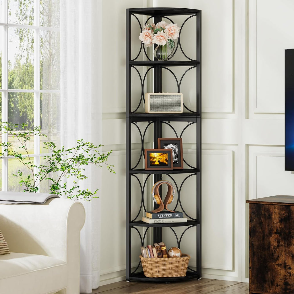 Tribesigns 67 inch Tall Corner Shelf, 6 Tier Rustic Corner Bookshelf Bookcase Storage Rack Standing Shelving Unit for Living Room, Small Space, Black