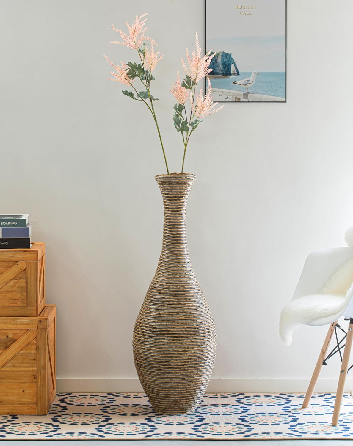 Set of 2 38-inch Tall Artificial Rattan Floor Vase in Elegant Beige - Statement Piece for Living Room Decor, Entryway, or Hallway - Versatile Home Accen