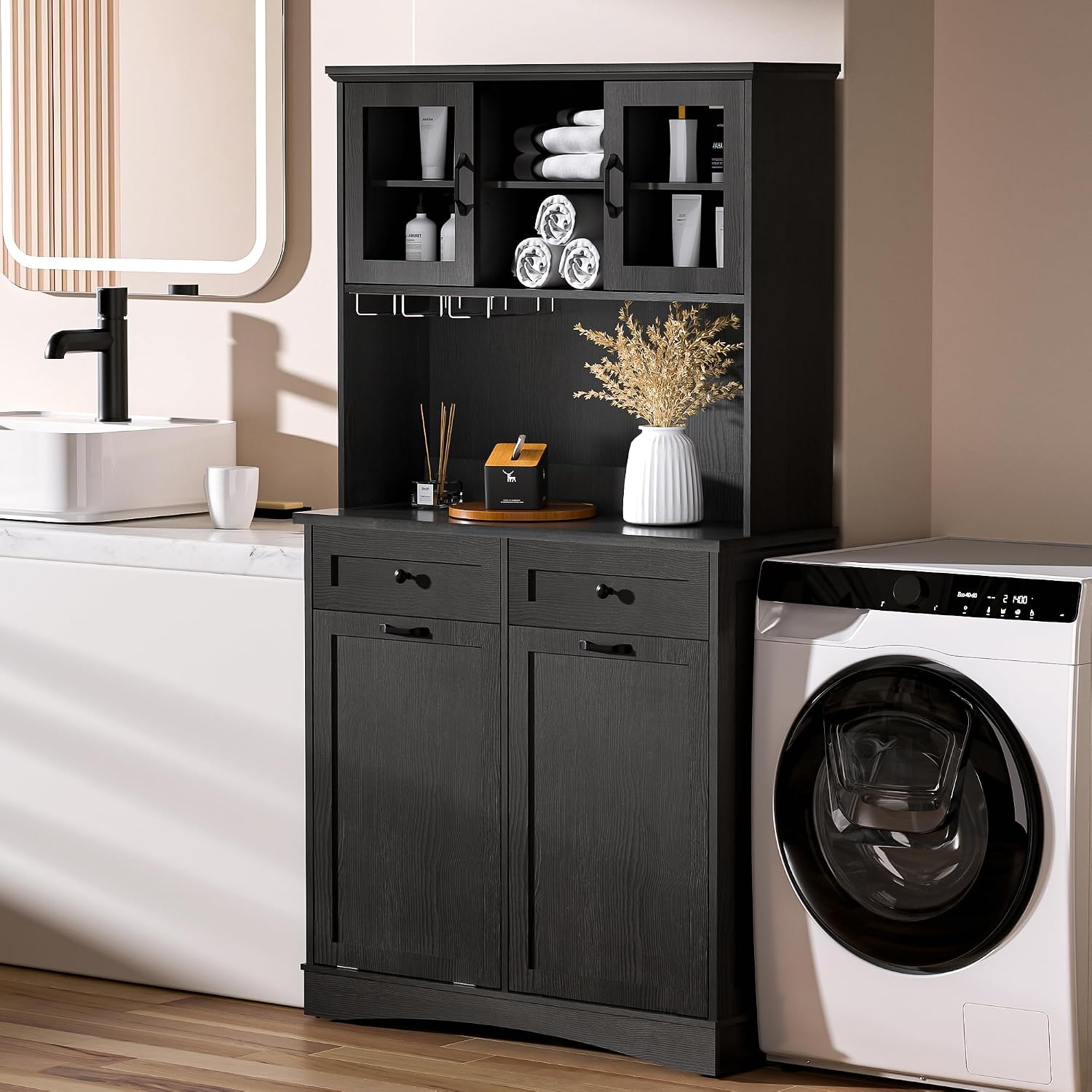 Tilt Out Trash Cabinet, Kitchen Pantry Storage Cabinets with Adjustable Shelves and Drawers, Wooden Freestanding Cabinet Trash Cans for Kitchen Living Room Dining Room, Black, 13 Gallons