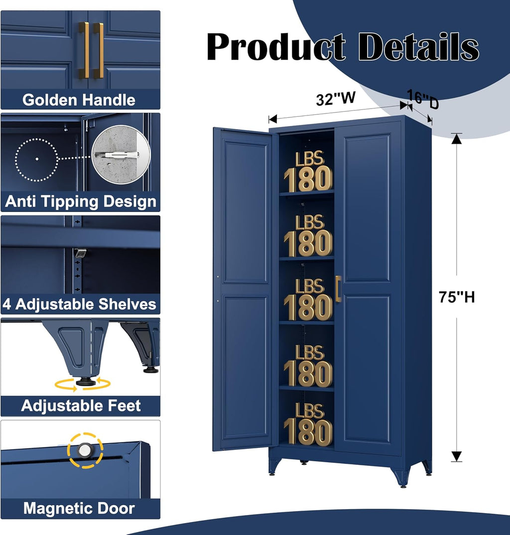 SteeLoong 75'Kitchen Pantry Cabinet,Blue Metal Storage Cabinets with Doors and 4 Adjustable Shelves,Kitchen Cabinet with 2 Gold Handles,Tall Cabinet for Livingroom,Pantry, Bathroom