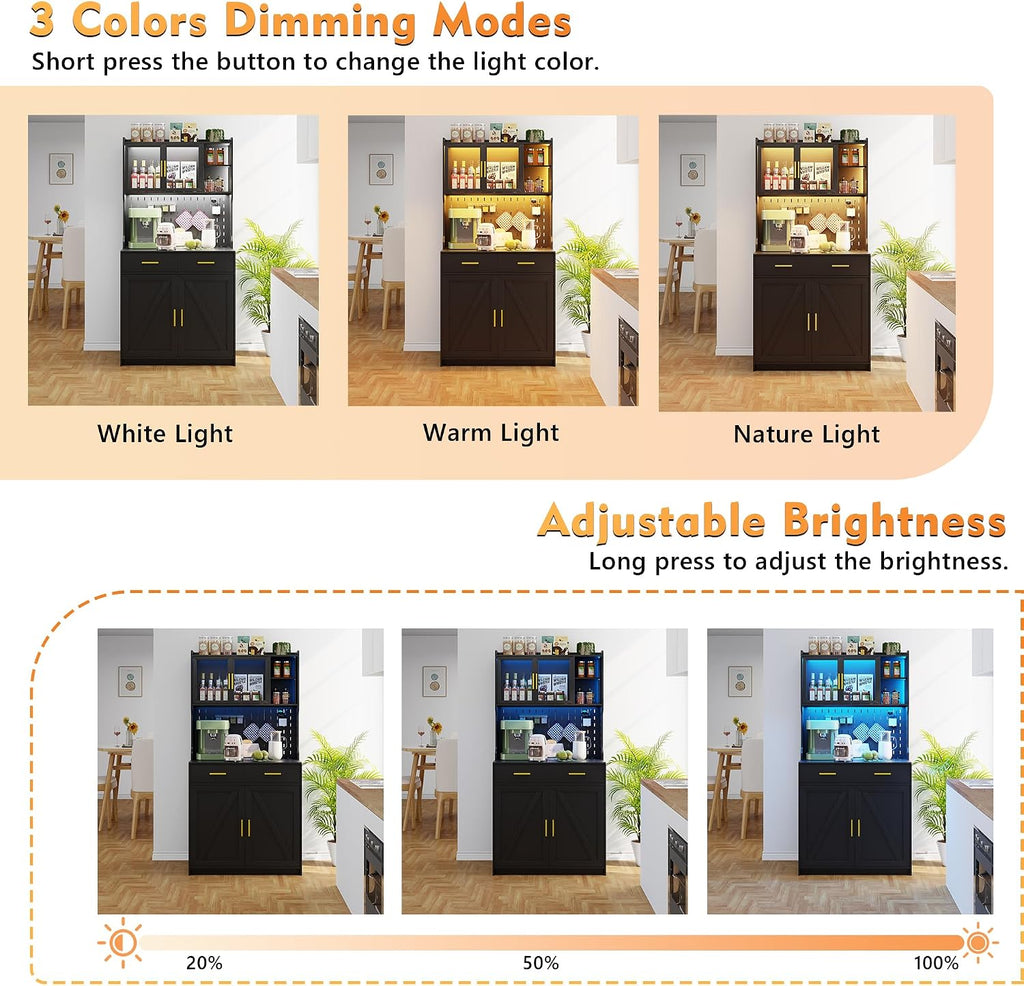 Gurexl 64' Farmhouse Kitchen Pantry with Auto Sensor LED,Storage Cabinets with 2 Outlets for Microwave & USB-C Ports,Hutch Cabinet with Pegboard,2 Cabinet,2 Drawers,1 Large Countertop