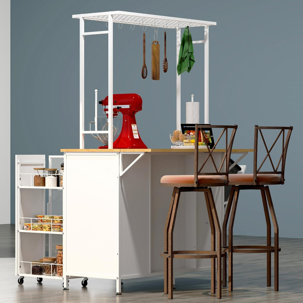 Kitchen Island with Drop Leaf, Trash Can Storage, Large Coffee Bar Table with Bakers Rack and Hooks, 3-Tier Rolling Cart and Shelves, White