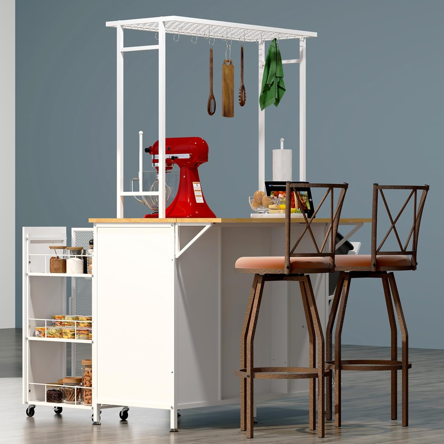 Kitchen Island with Drop Leaf, Trash Can Storage, Large Coffee Bar Table with Bakers Rack and Hooks, 3-Tier Rolling Cart and Shelves, White