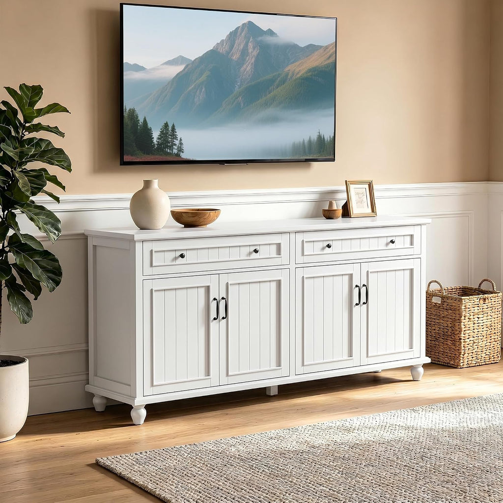 Scurrty Sideboard Buffet Cabinet, 62'' Large Storage Cabinet with Drawers and 4 Doors, Vintage Coffee Bar Cabinets with Adjustable Shelf for Kitchen, Living Room, White