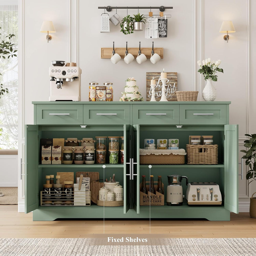 HOSTACK 60' Large Buffet Sideboard with Storage, 36' Tall Kitchen Buffet Storage Cabinet with 4 Drawers, Modern Coffee Bar Cabinet with Silver Handles, Long Sideboard Buffet Table for Kichen, Green
