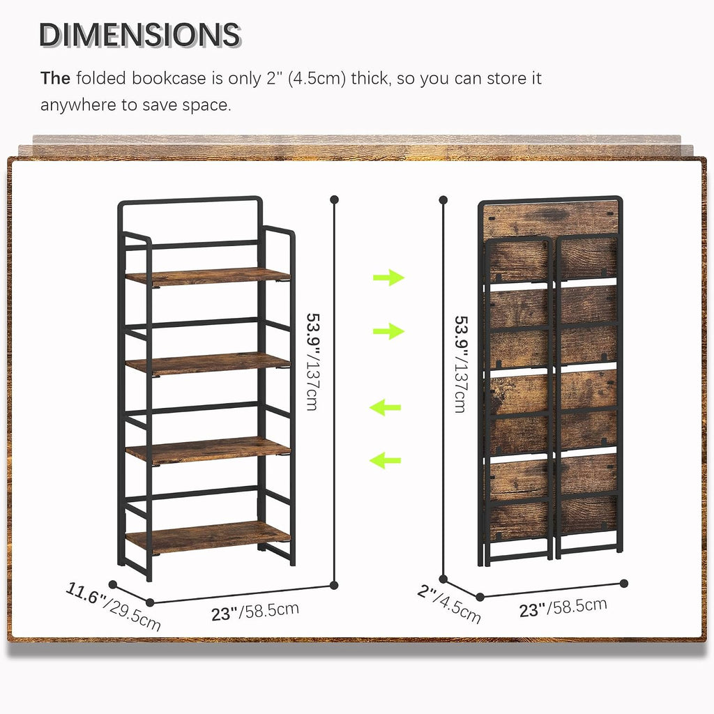 4NM No Assembly Folding Bookshelf, 4-Shelf 54' H Collapsible Foldable Bookcase Storage for Small Spaces, Rustic Brown and Black