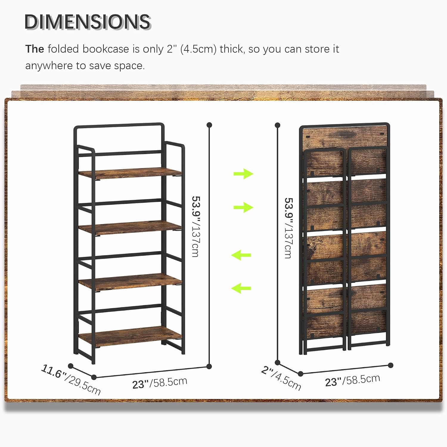 4NM No Assembly Folding Bookshelf, 4-Shelf 54' H Collapsible Foldable Bookcase Storage for Small Spaces, Rustic Brown and Black