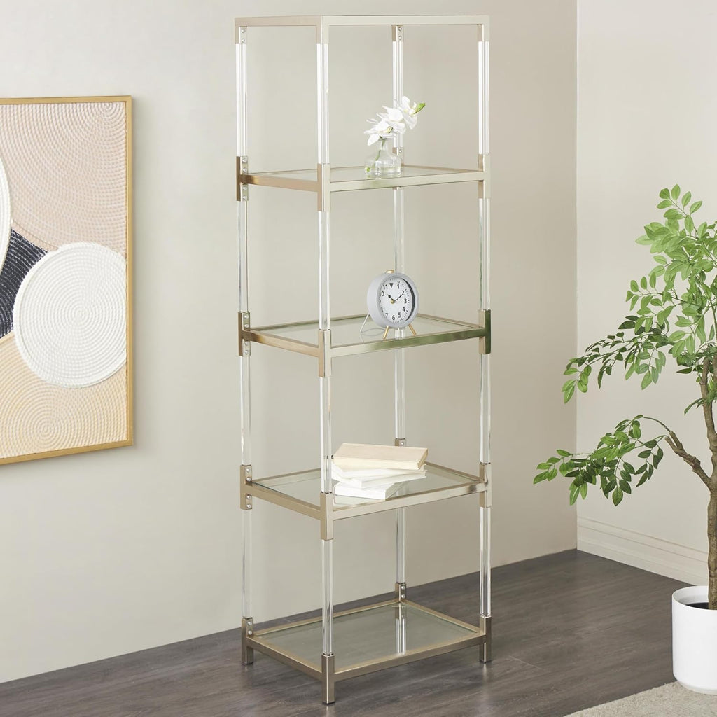 Deco 79 Acrylic Plastic Cube Shaped Shelving Unit with Silver Frame Supports, 22' x 16' x 70', Clear