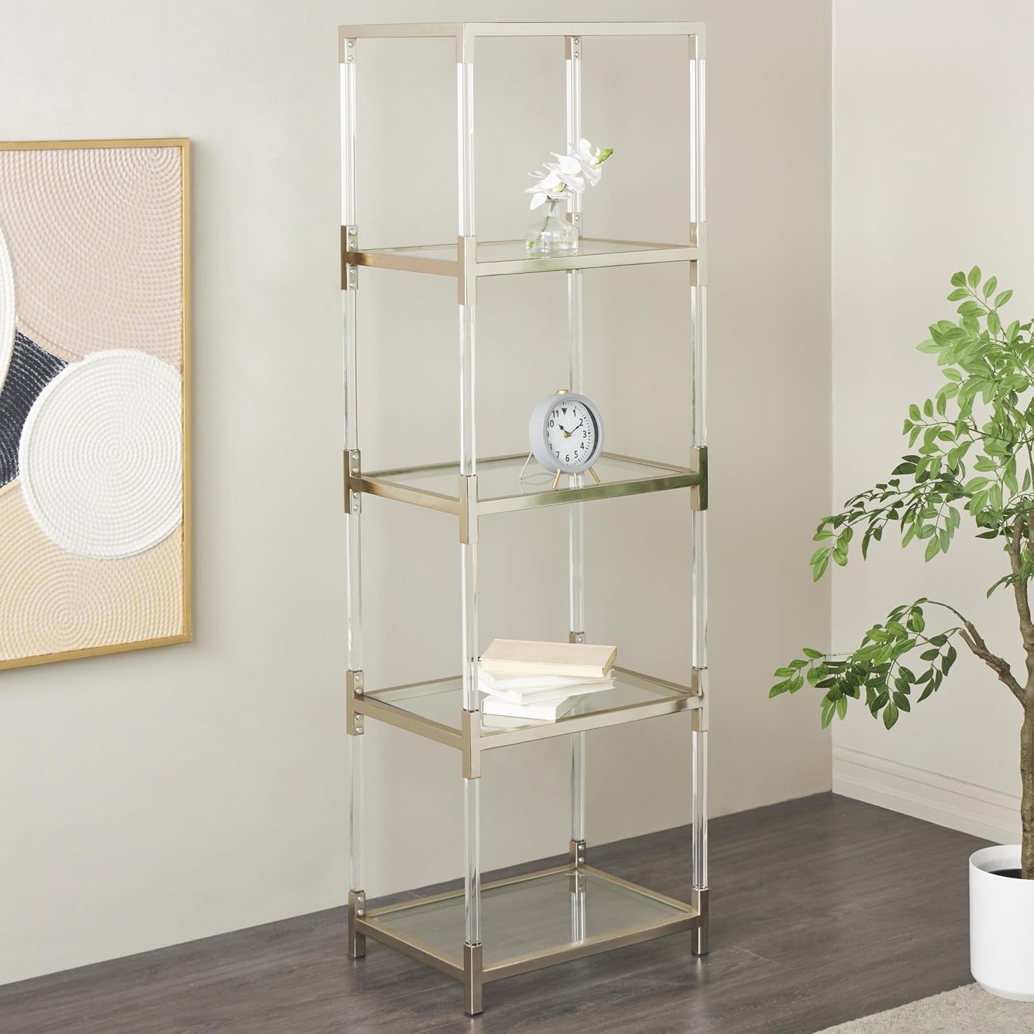 Deco 79 Acrylic Plastic Cube Shaped Shelving Unit with Silver Frame Supports, 22' x 16' x 70', Clear