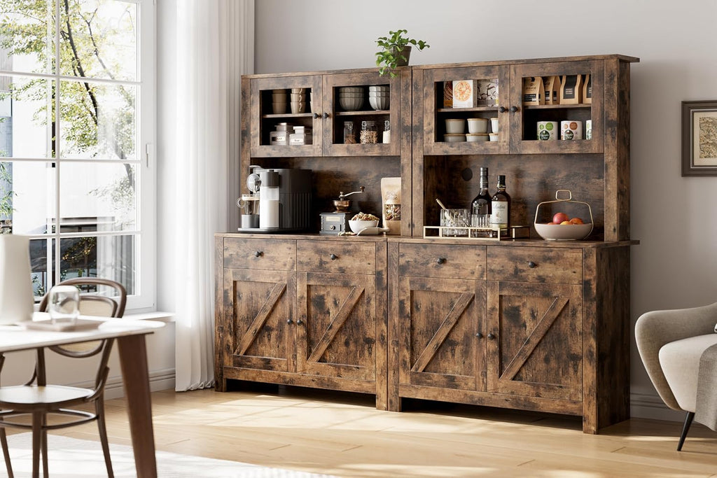 GarveeHome Kitchen Pantry Cabinet with Microwave Stand, Freestanding Hutch Cabinet with Buffet Cupboard, Tall Kitchen Cabinets with Adjustable Shelves for Dining Room, Brown