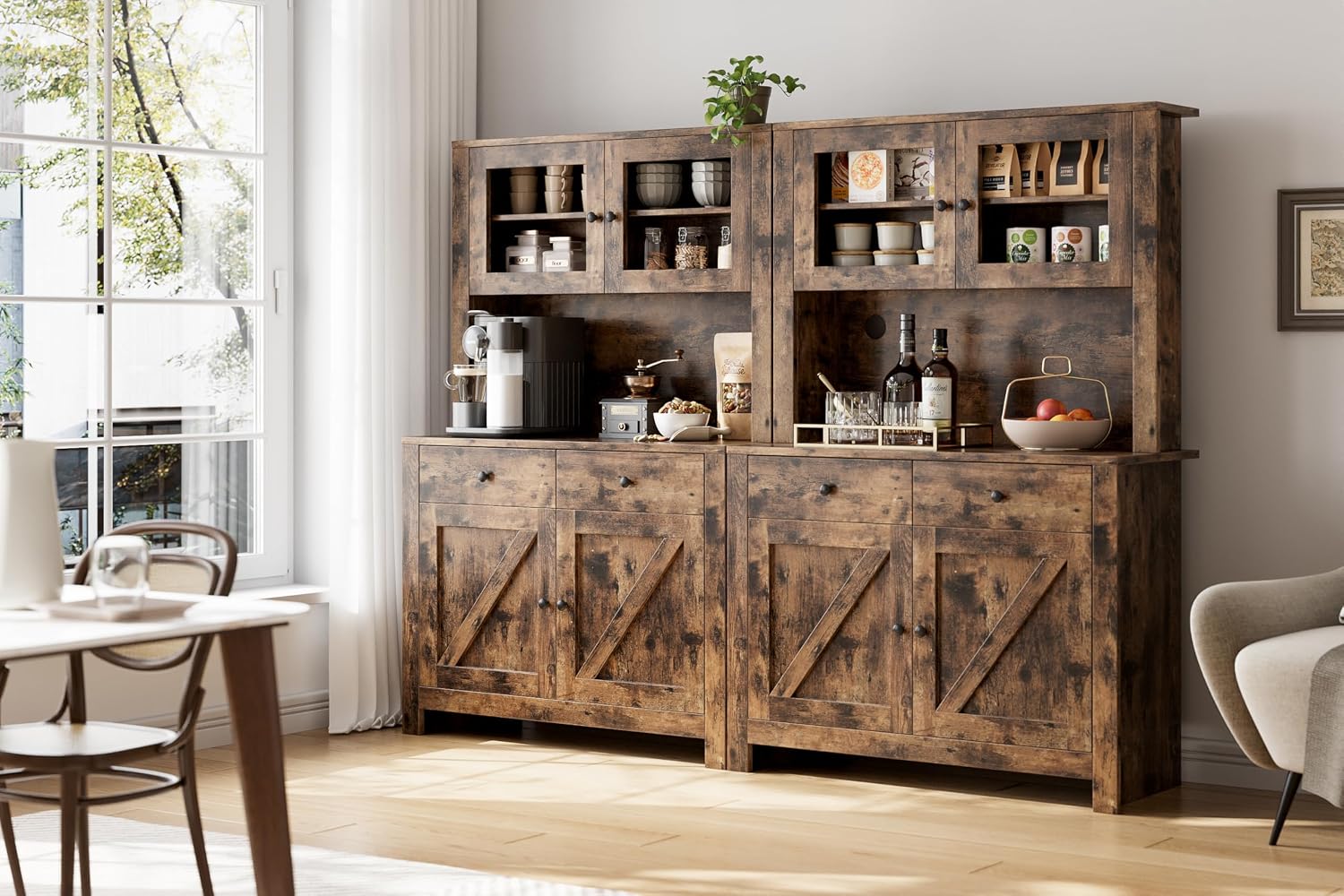 GarveeHome Kitchen Pantry Cabinet with Microwave Stand, Freestanding Hutch Cabinet with Buffet Cupboard, Tall Kitchen Cabinets with Adjustable Shelves for Dining Room, Brown