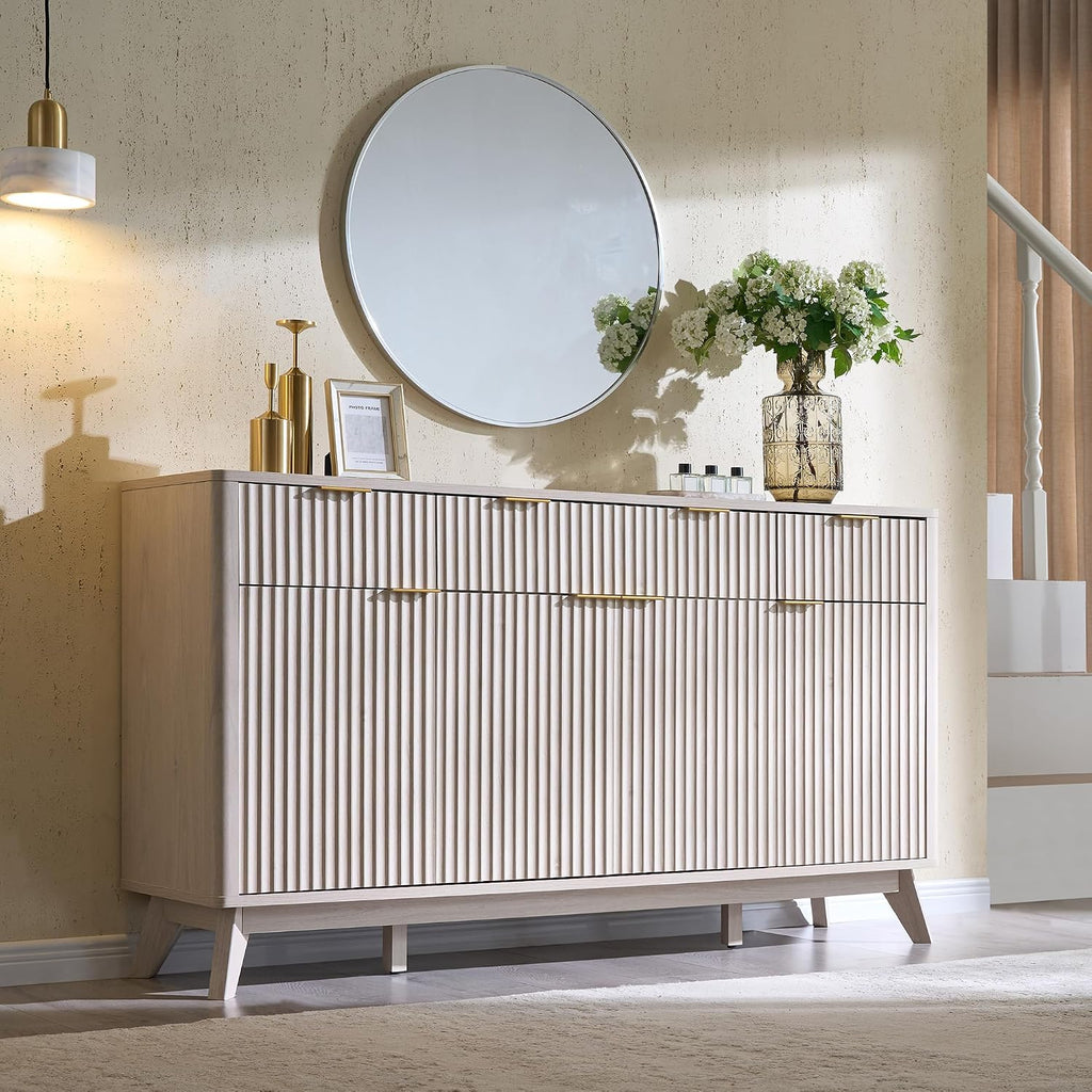 OKD Fluted Storage Cabinet with Drawers, 60' Morden Buffet Sideboard Coffee Bar Cabinet with 4 Doors and 3 Drawers for Dining Room, Living Room,Hallway (White Alder)