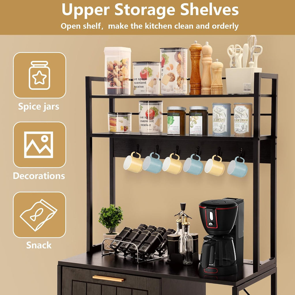 Kitchen Bakers Rack with Storage Shelf - 6-Tier Microwave Stand Oven Cabinet W/Tilting Trash Can Bin and Power Outlet, Farmhouse Thickened Coffee Bar Table Station W/6 Hooks&Adjustable feet
