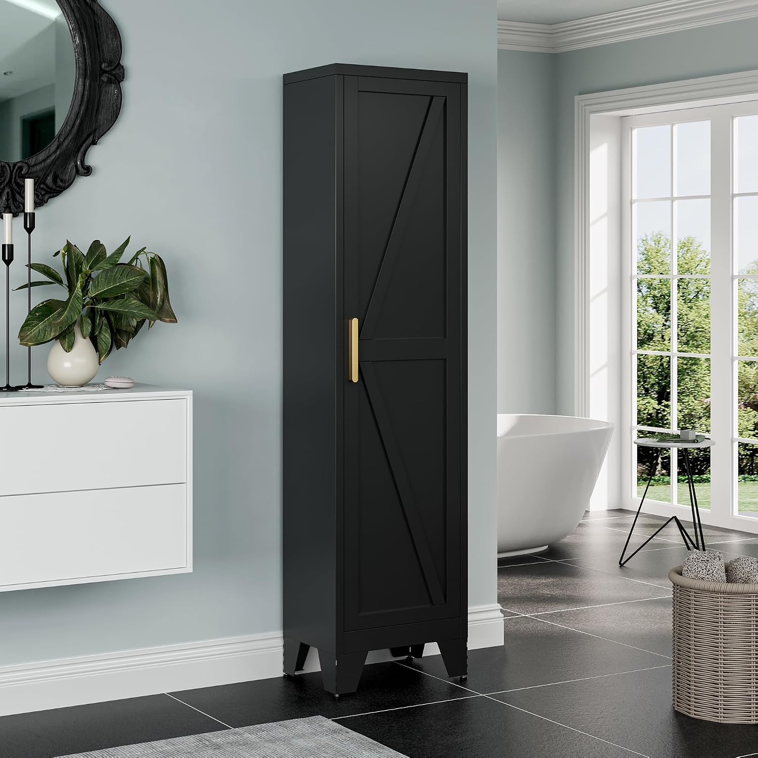Washsemba 67''Farmhouse Metal Storage Cabinet with Barn Doors,Steel File Cabinet for Home Office,Kitchen Pantry 4 Adjustable Shelves,Freestanding Cupboard for Kitchen,HomeOffice (Black)
