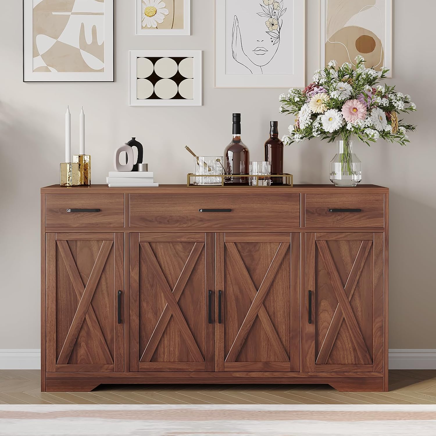 Garvee 55 in Large Buffet Sideboard Cabinet with Storage 4 Doors and 3 Drawers Kitchen Storage Cabinet Coffee Bar Buffet Table for Dining Room, Living Room, Adjustable Shelf