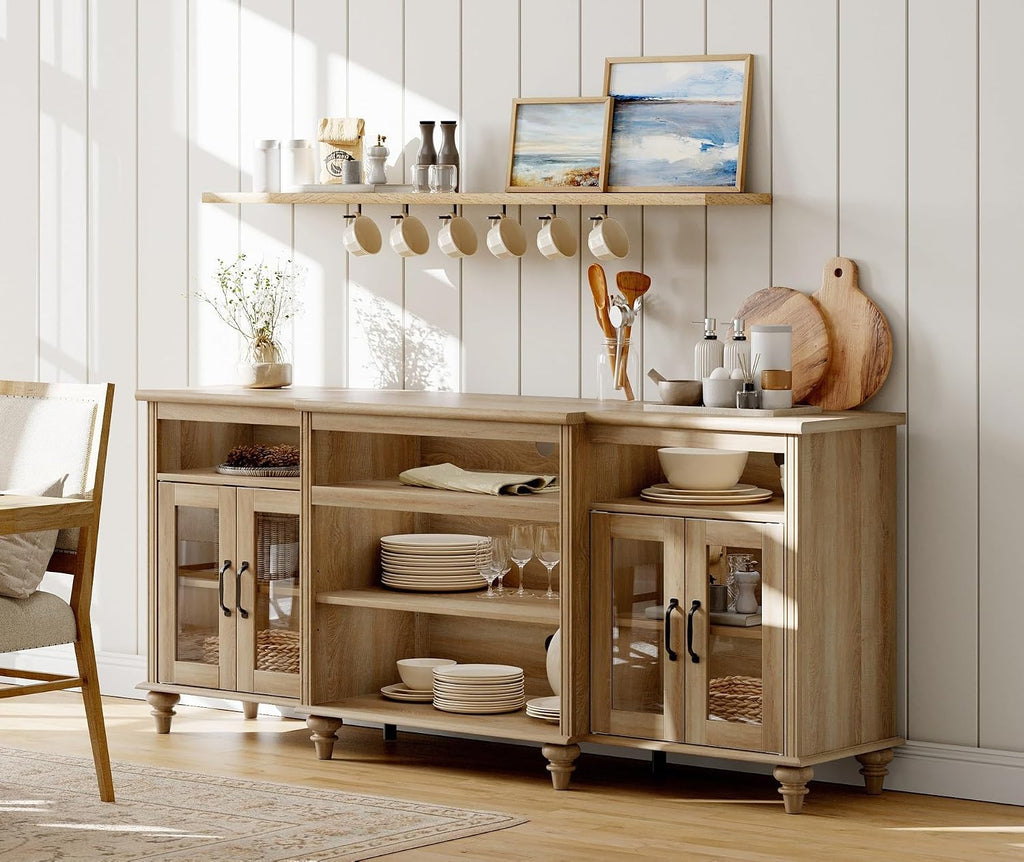 WAMAPT Buffet Cabinet with 4 Glass Doors, Large Coffee Bar Tables Wood Kitchen Storage Cabinets with 9 Storages, Modern Farmhouse Sideboard Credenza, Oak, 70 inch